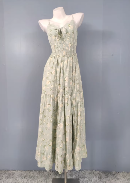 Fresh Green A-Line Spaghetti Strap V-Neck Floral Print Cotton Long Prom Dresses Main image