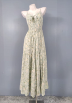 Fresh Green A-Line Spaghetti Strap V-Neck Floral Print Cotton Long Prom Dresses