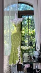 Fresh Green Mermaid Strapless Backless Criss-Cross Lace Long Prom Dresses Evening Dresses
