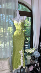 Fresh Green Mermaid Strapless Backless Criss-Cross Lace Long Prom Dresses Evening Dresses
