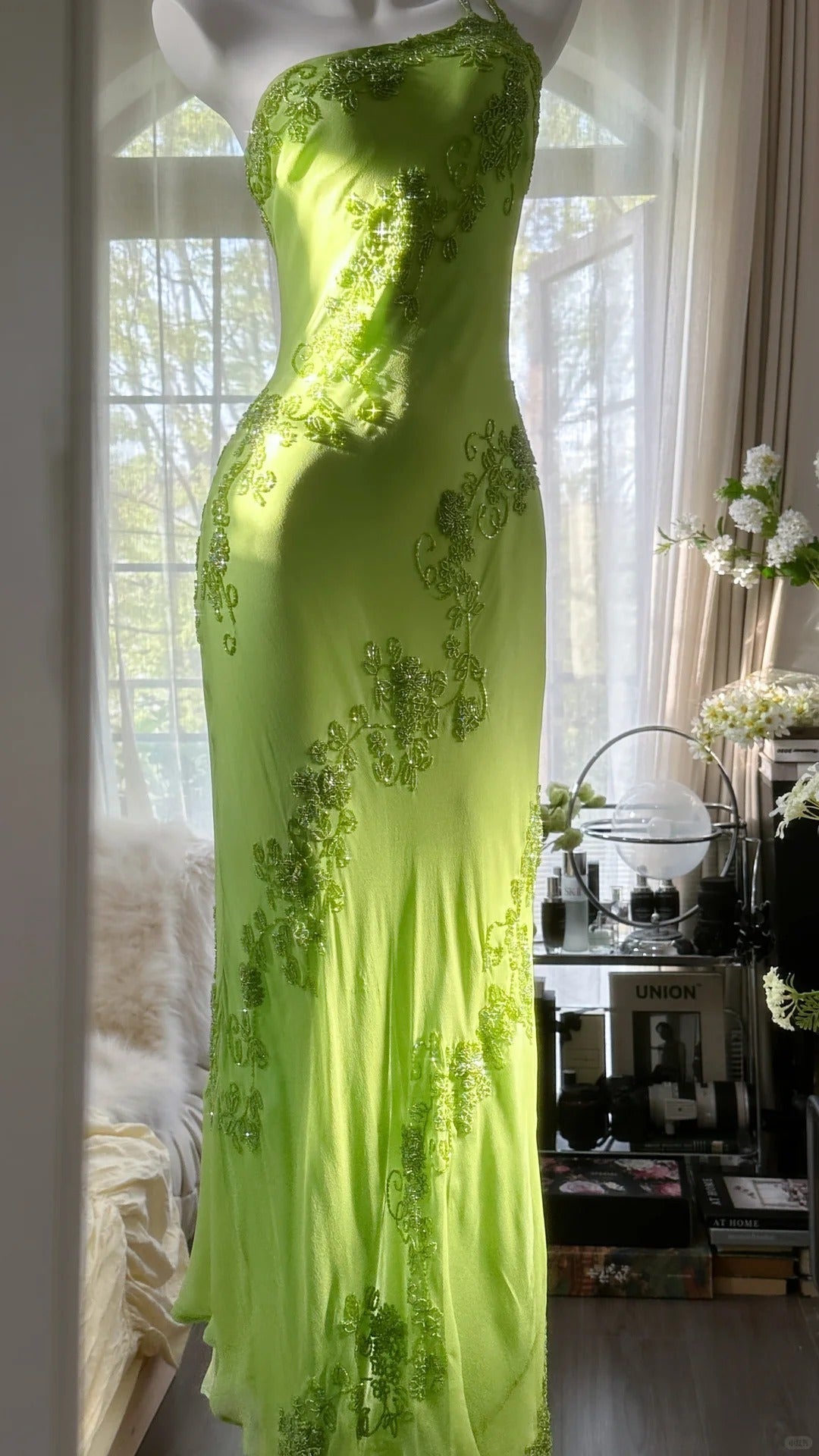 Fresh Green One Shoulder Chiffon Beaded Mermaid Evening Gown Prom Dresses Secondary image