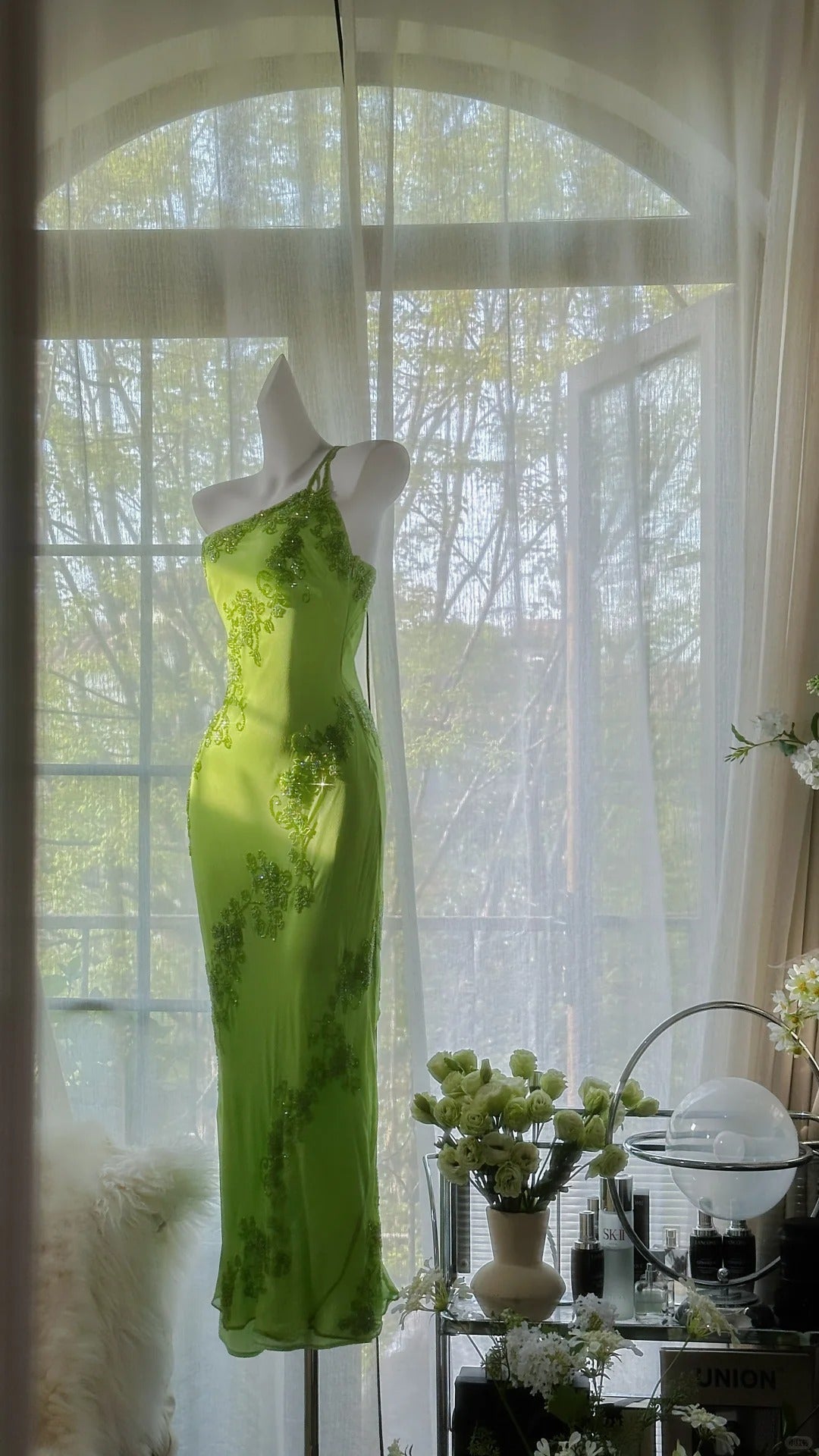 Fresh Green One Shoulder Chiffon Beaded Mermaid Evening Gown Prom Dresses Main image