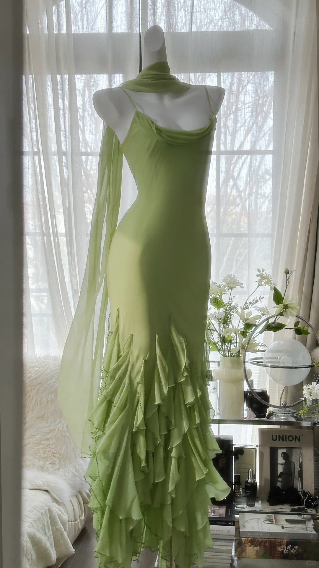 Fresh Green Simple Chiffon Ruffle Skirt Prom Dress