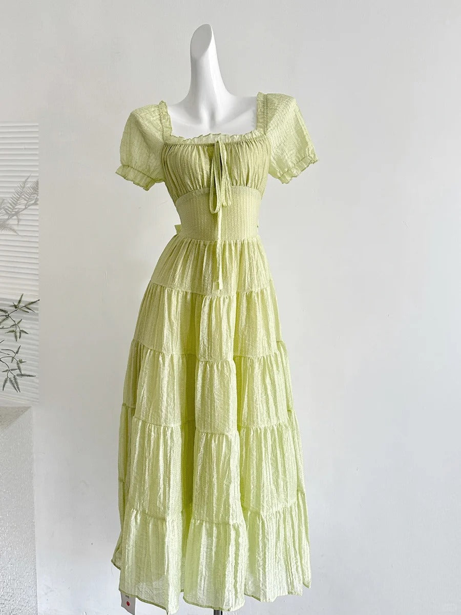 Fresh Light Green A-Line Short-Sleeved Back Hollow Long Prom Dresses Bridesmaid Dresses