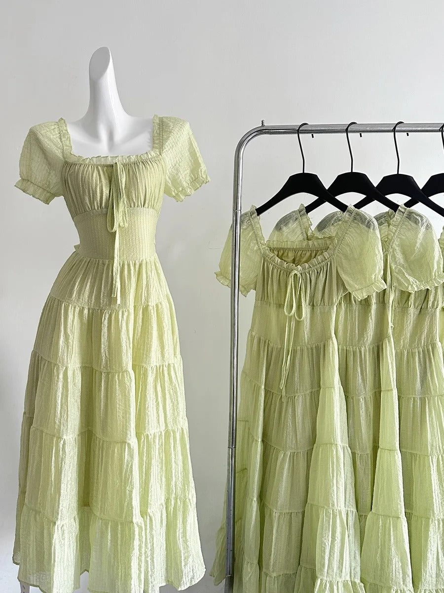 Fresh Light Green A-Line Short-Sleeved Back Hollow Long Prom Dresses Bridesmaid Dresses