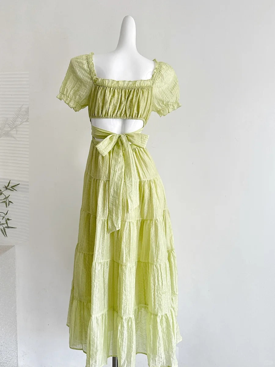 Fresh Light Green A-Line Short-Sleeved Back Hollow Long Prom Dresses Bridesmaid Dresses