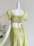 Fresh Light Green A-Line Short-Sleeved Back Hollow Long Prom Dresses Bridesmaid Dresses