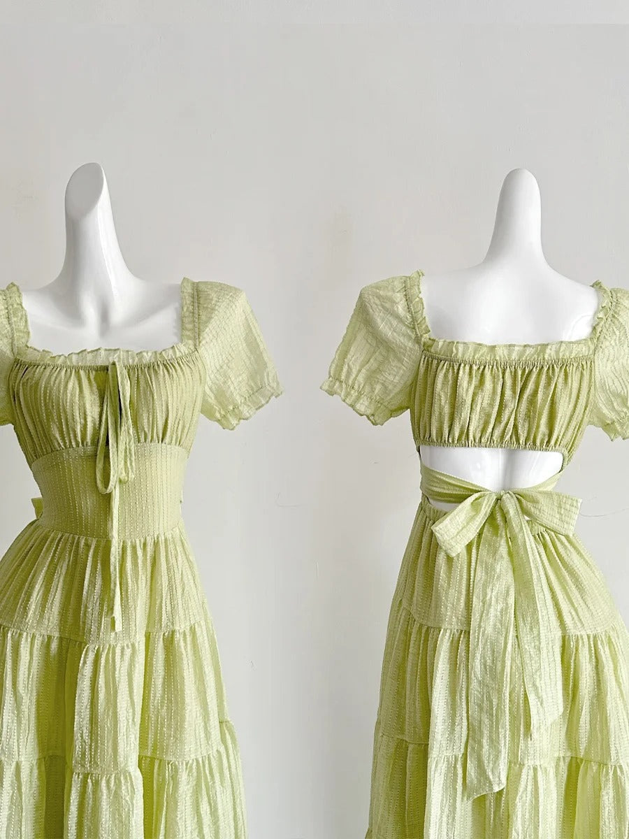 Fresh Light Green A-Line Short-Sleeved Back Hollow Long Prom Dresses Bridesmaid Dresses