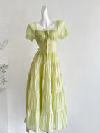 Fresh Light Green A-Line Short-Sleeved Back Hollow Long Prom Dresses Bridesmaid Dresses