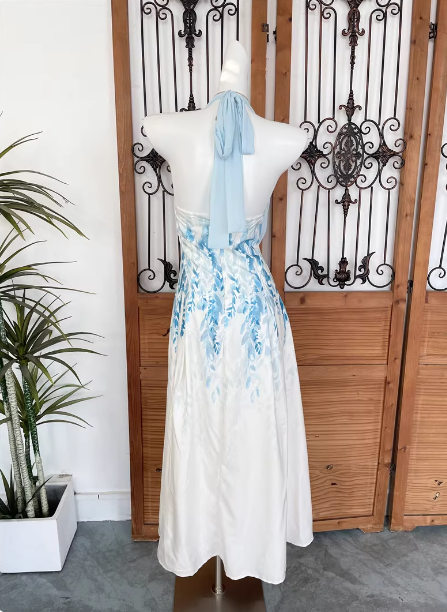 Fresh Printed A-Line Halter Neck Satin Long Prom Dresses Evening Dresses