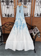 Fresh Printed A-Line Halter Neck Satin Long Prom Dresses Evening Dresses