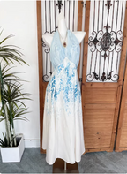 Fresh Printed A-Line Halter Neck Satin Long Prom Dresses Evening Dresses