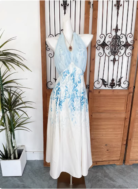 Fresh Printed A-Line Halter Neck Satin Long Prom Dresses Evening Dresses