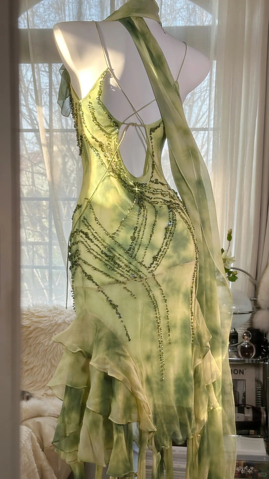 Fresh Rendering Green Beaded Chiffon Irregular Skirt Prom Dress