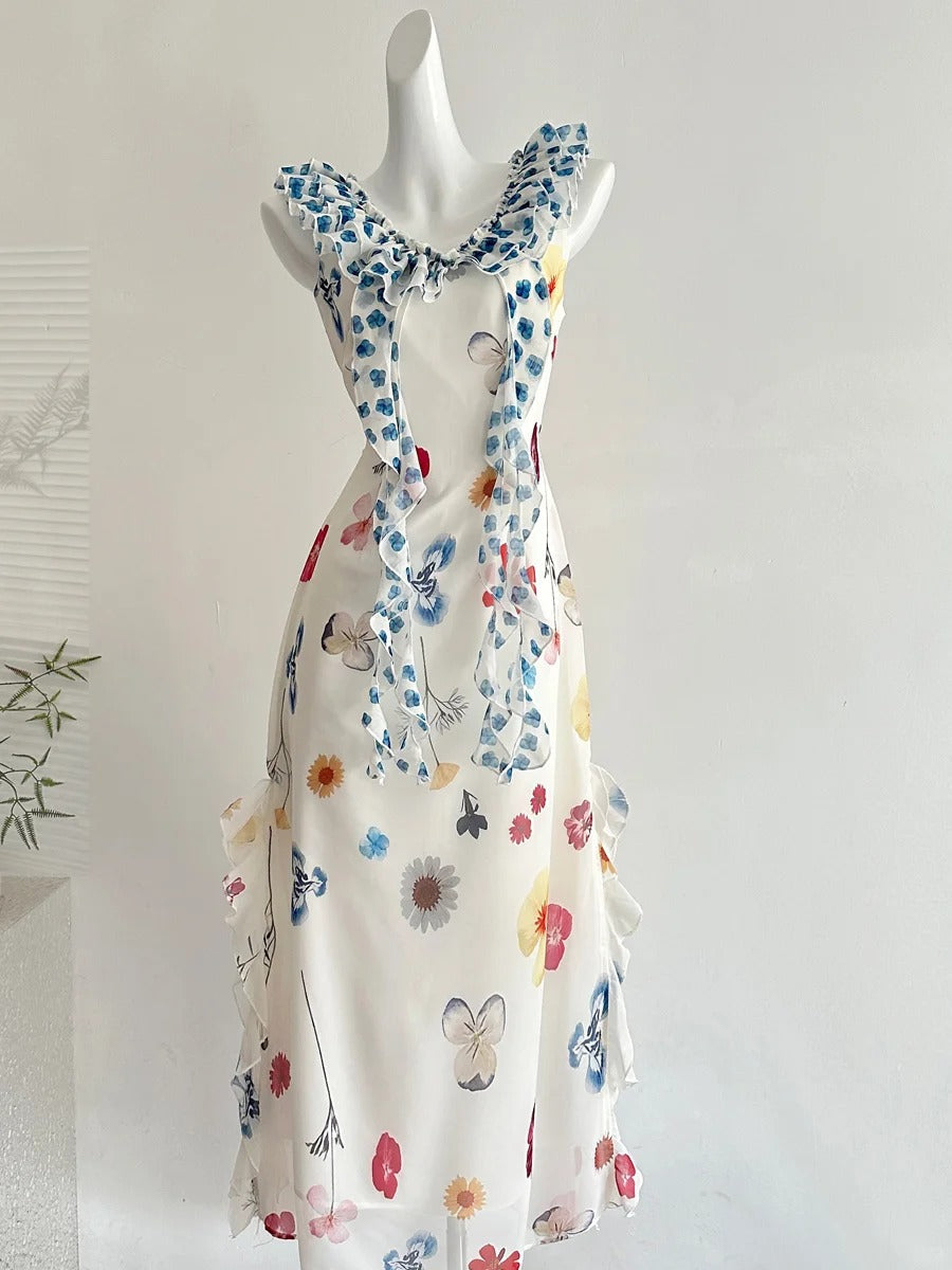 Fresh White Background Colorful Floral V-Neck Ruffle Waist Chiffon Long Prom Dresses Evening Dresses Secondary image
