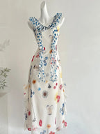 Fresh White Background Colorful Floral V-Neck Ruffle Waist Chiffon Long Prom Dresses Evening Dresses