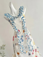 Fresh White Background Colorful Floral V-Neck Ruffle Waist Chiffon Long Prom Dresses Evening Dresses