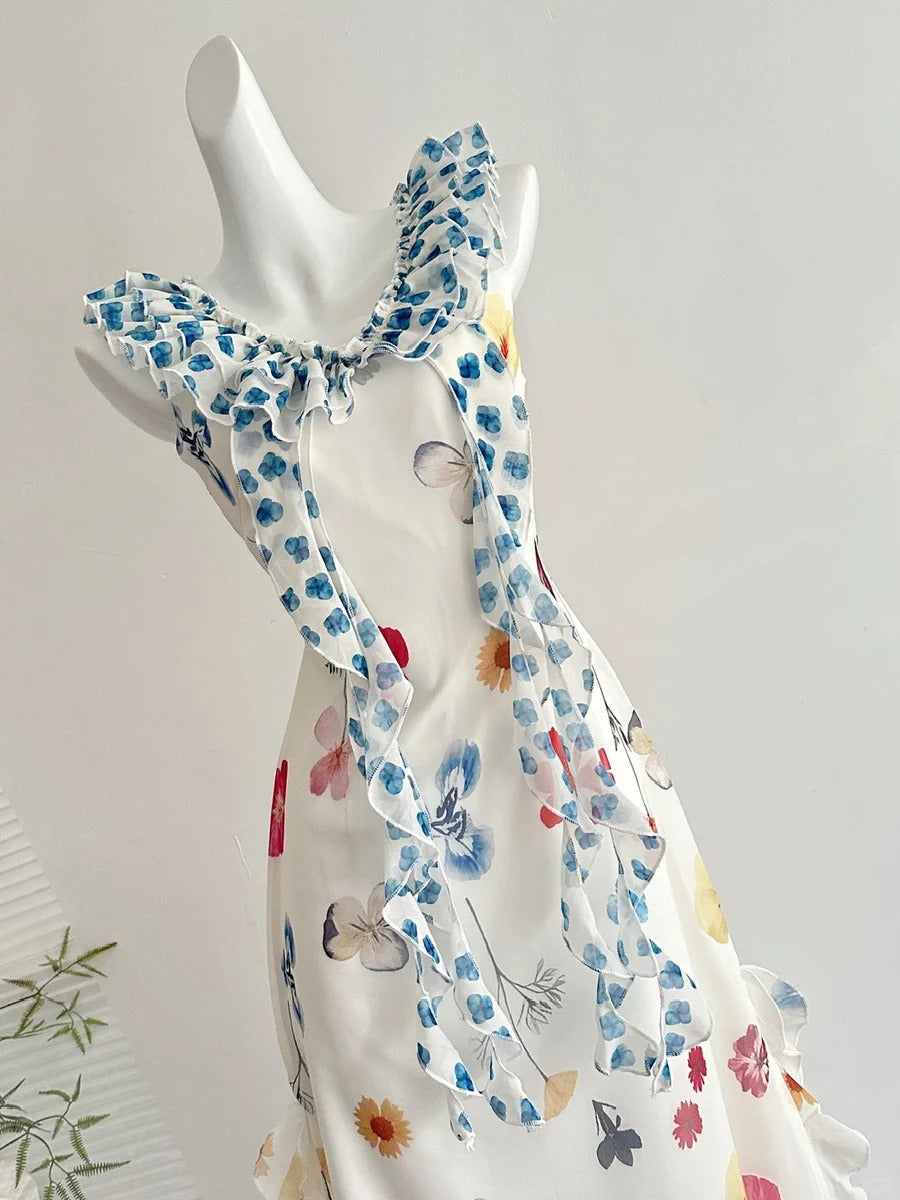 Fresh White Background Colorful Floral V-Neck Ruffle Waist Chiffon Long Prom Dresses Evening Dresses