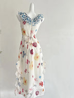 Fresh White Background Colorful Floral V-Neck Ruffle Waist Chiffon Long Prom Dresses Evening Dresses