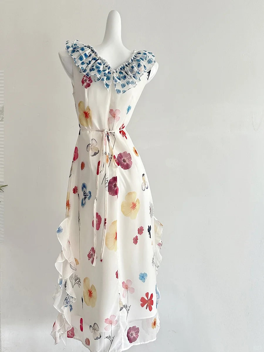 Fresh White Background Colorful Floral V-Neck Ruffle Waist Chiffon Long Prom Dresses Evening Dresses