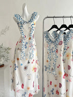 Fresh White Background Colorful Floral V-Neck Ruffle Waist Chiffon Long Prom Dresses Evening Dresses