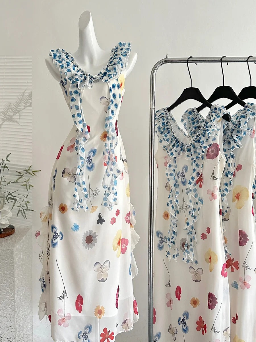 Fresh White Background Colorful Floral V-Neck Ruffle Waist Chiffon Long Prom Dresses Evening Dresses