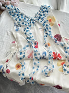 Fresh White Background Colorful Floral V-Neck Ruffle Waist Chiffon Long Prom Dresses Evening Dresses