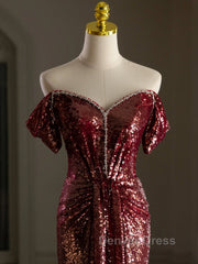 Simple Off Shoulder Sequin Burgundy Long Prom Dresses, Burgundy Long Evening Dresses