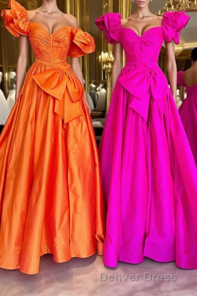 Fuchsia A Line Long Prom Dresses with Puff Sleeves Main image