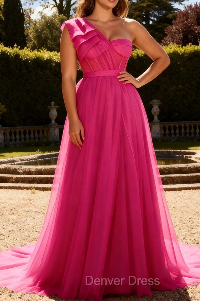 Fuchsia A Line One Shoulder Corset Long Prom Dress With Slit