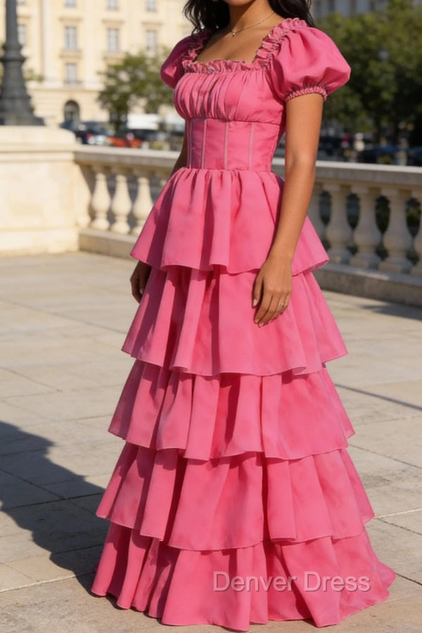 Fuchsia A Line Square Neck Tiered Prom Dresses With Ruffles