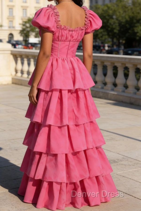 Fuchsia A Line Square Neck Tiered Prom Dresses With Ruffles