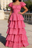 Fuchsia A Line Square Neck Tiered Prom Dresses With Ruffles