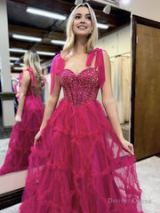 Fuchsia A Line Sweetheart Tiered Tulle Long Prom Dresses