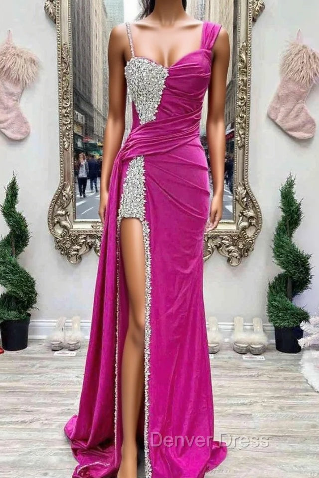 Fuchsia Asymmertrical Beaded Crystal Prom Dresses