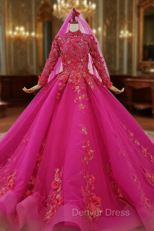Fuchsia Ball Gown High Neck Long Sleeve Appliques Beading Wedding Dresses Main image