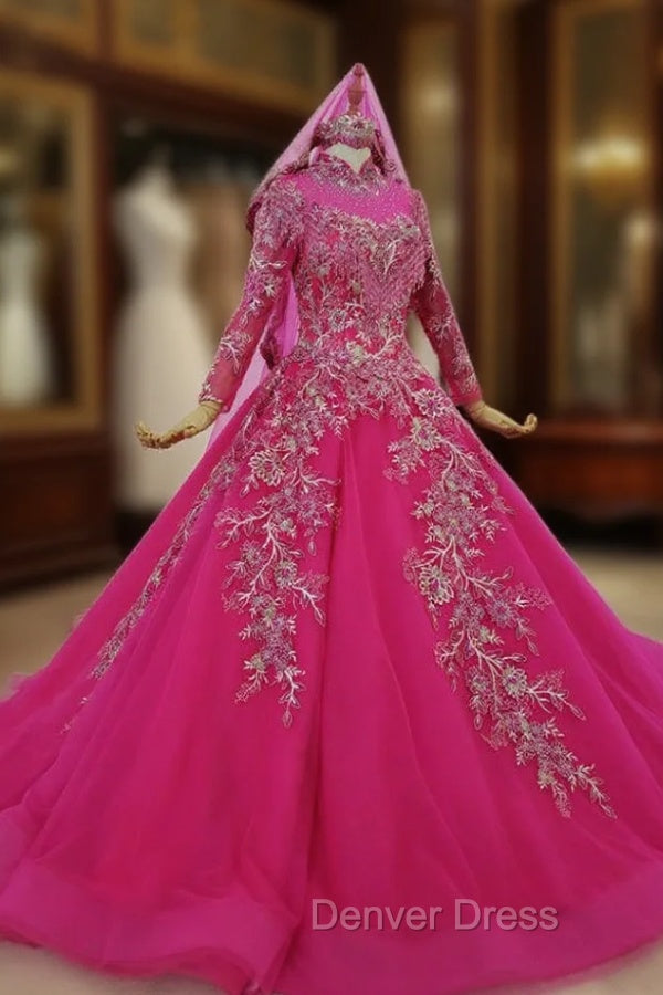 Fuchsia Ball Gowns High Neck Long Sleeve Embroidery Appliques Wedding Dresses Main image