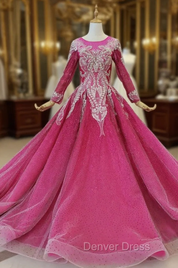 Fuchsia Ball Gown Sequins Long Sleeve Beading Wedding Dresses