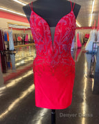 Fuchsia Beaded Plunge V Lace-Up Short Homecoming Dress