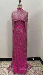 Fuchsia Beading Prom Dress Sweep Train High Neck Zipper Sleeveless Prom Dresses