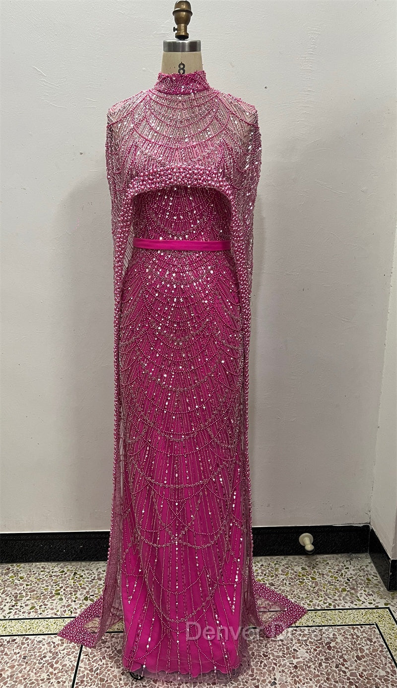 Fuchsia Beading Prom Dress Sweep Train High Neck Zipper Sleeveless Prom Dresses