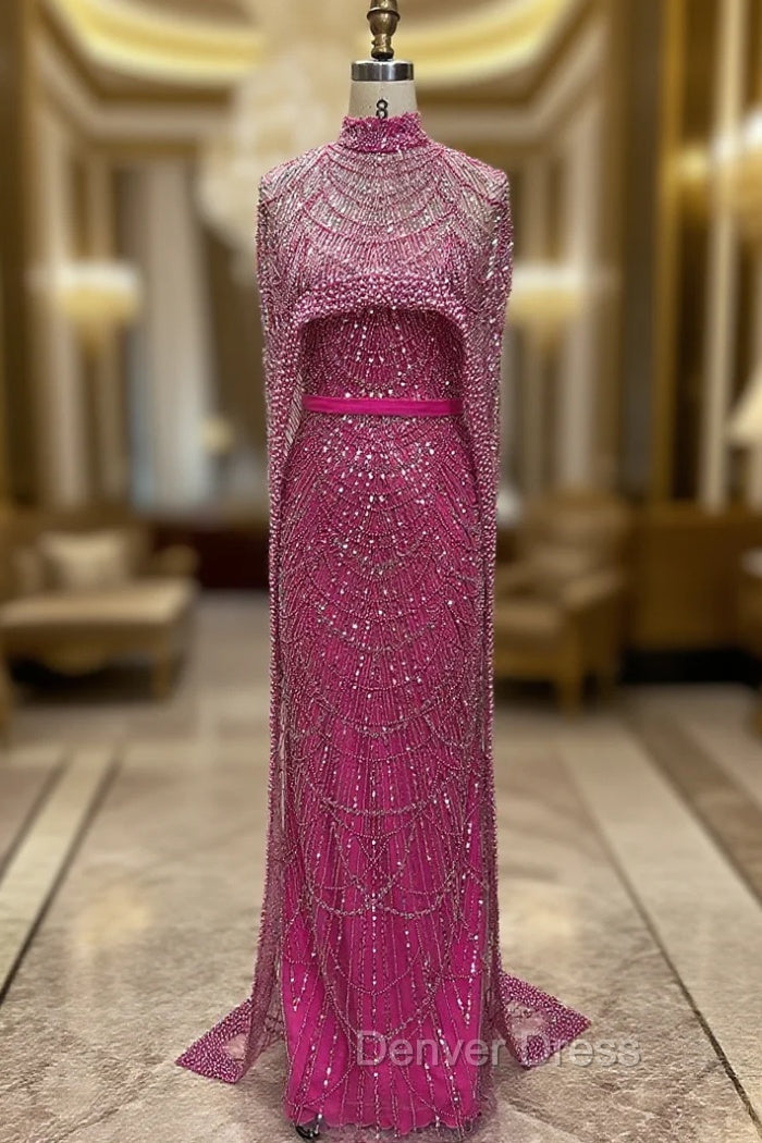 Fuchsia Beading Prom Dress Sweep Train High Neck Zipper Sleeveless Prom Dresses Main image