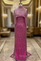 Fuchsia Beading Prom Dress Sweep Train High Neck Zipper Sleeveless Prom Dresses
