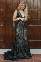 Fuchsia Deep V Neck Sequin Mermaid Prom Dresses