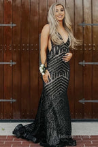 Fuchsia Deep V Neck Sequin Mermaid Prom Dresses