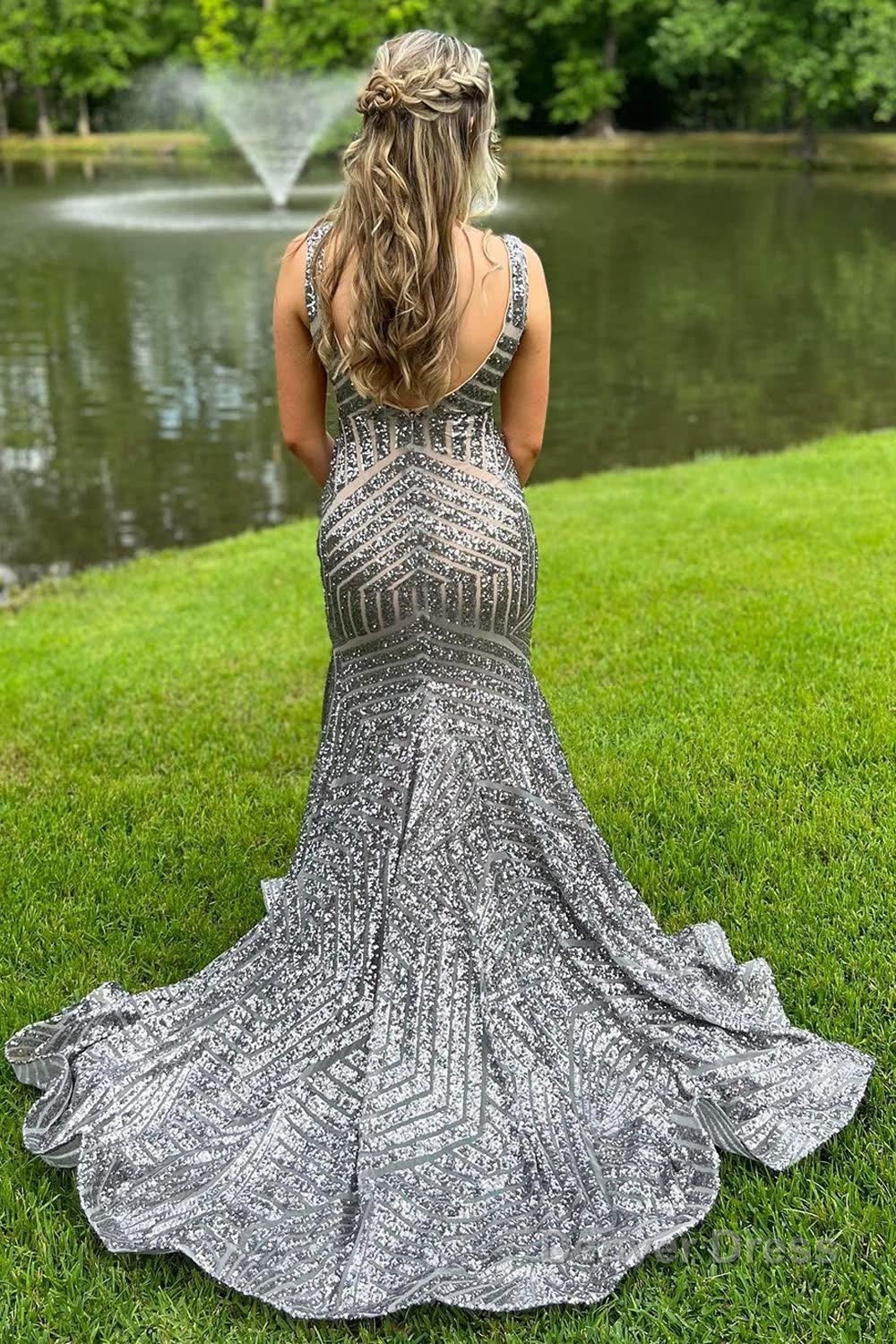 Fuchsia Deep V Neck Sequin Mermaid Prom Dresses