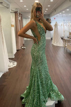 Fuchsia Deep V Neck Sequin Mermaid Prom Dresses