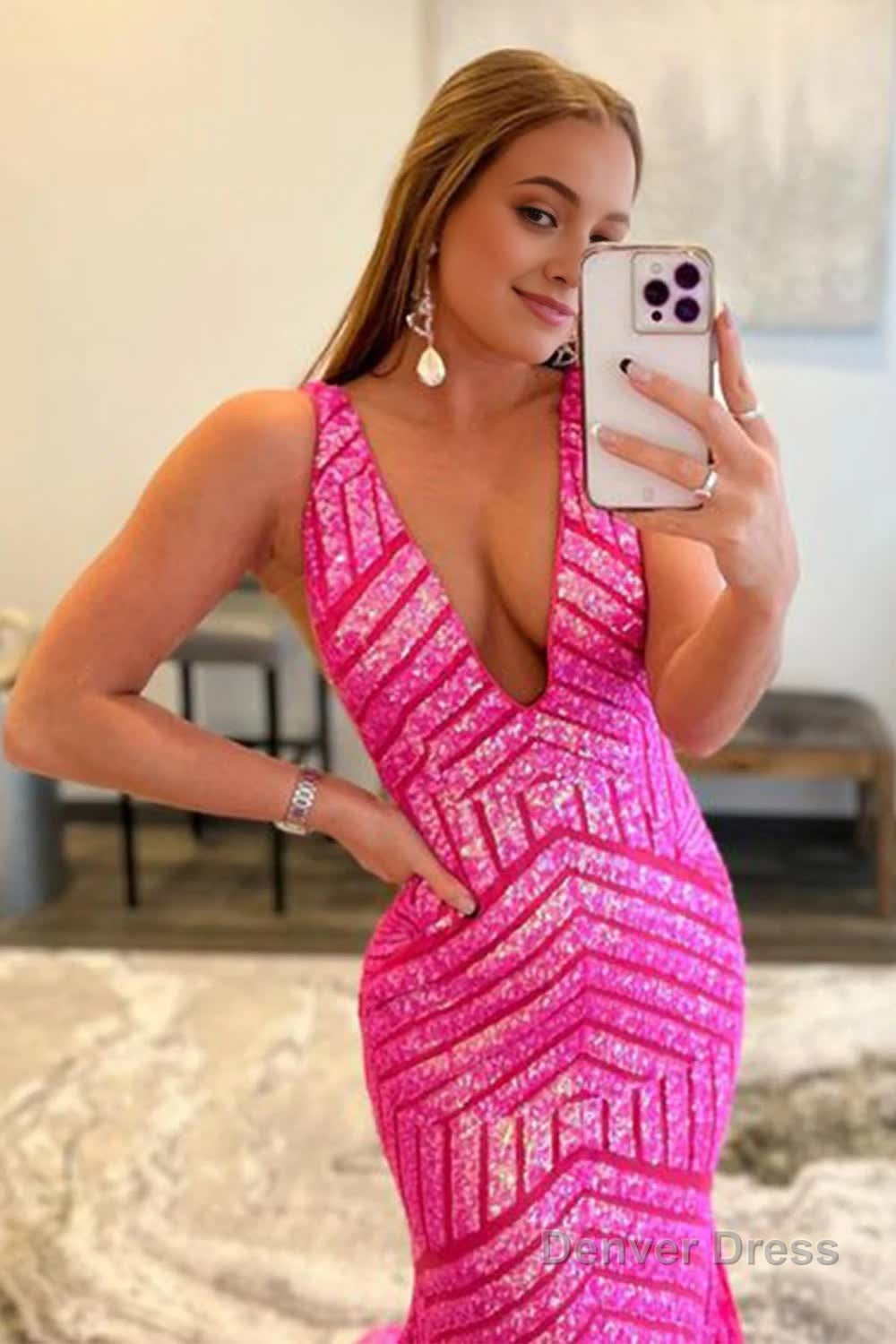 Fuchsia Deep V Neck Sequin Mermaid Prom Dress Main image