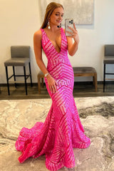 fuchsia deep v neck sequin mermaid prom dress