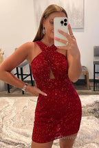 Fuchsia Halter Sleeveless Sequined Homecoming Dresses